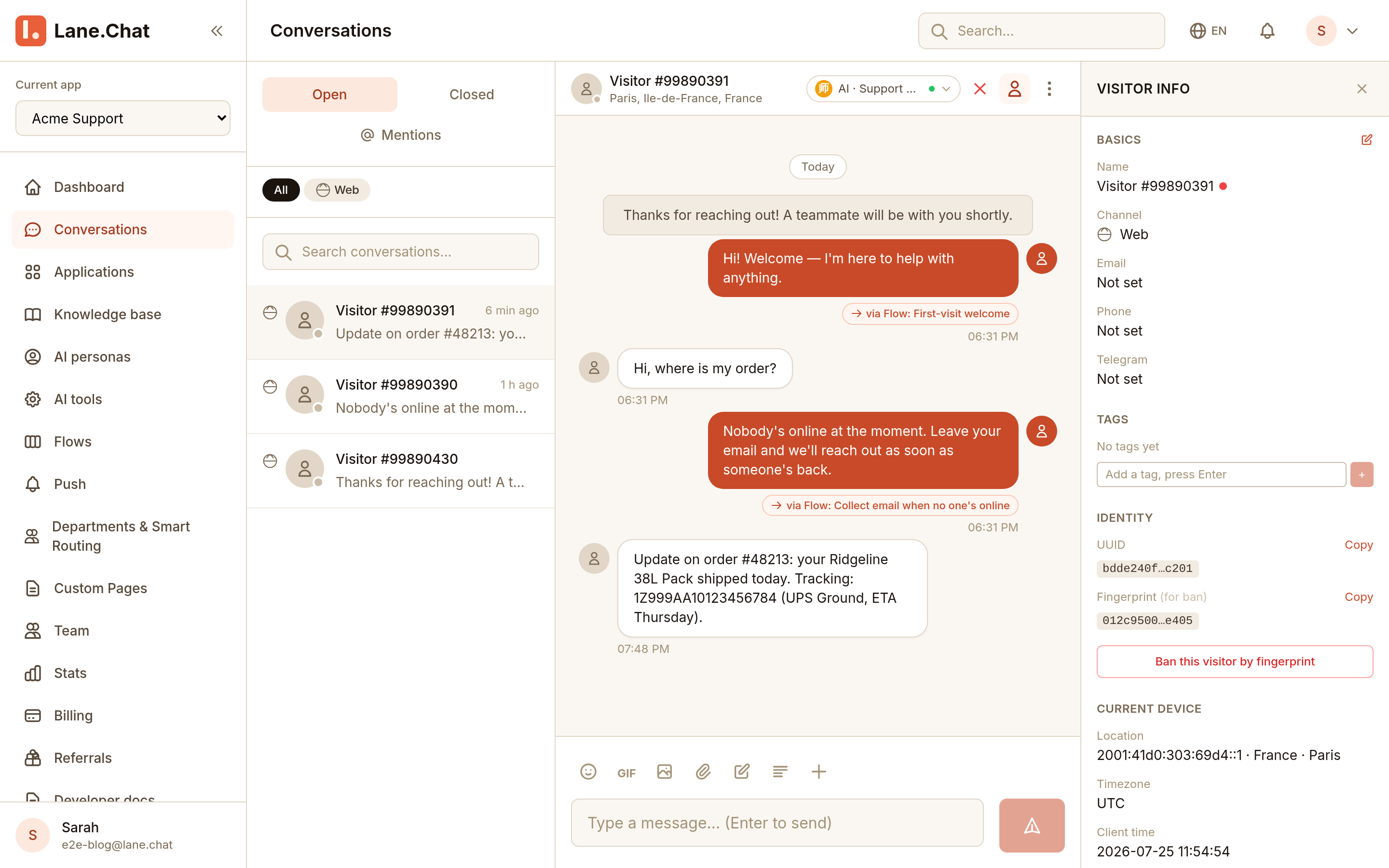 The API message in the workbench, visitor side