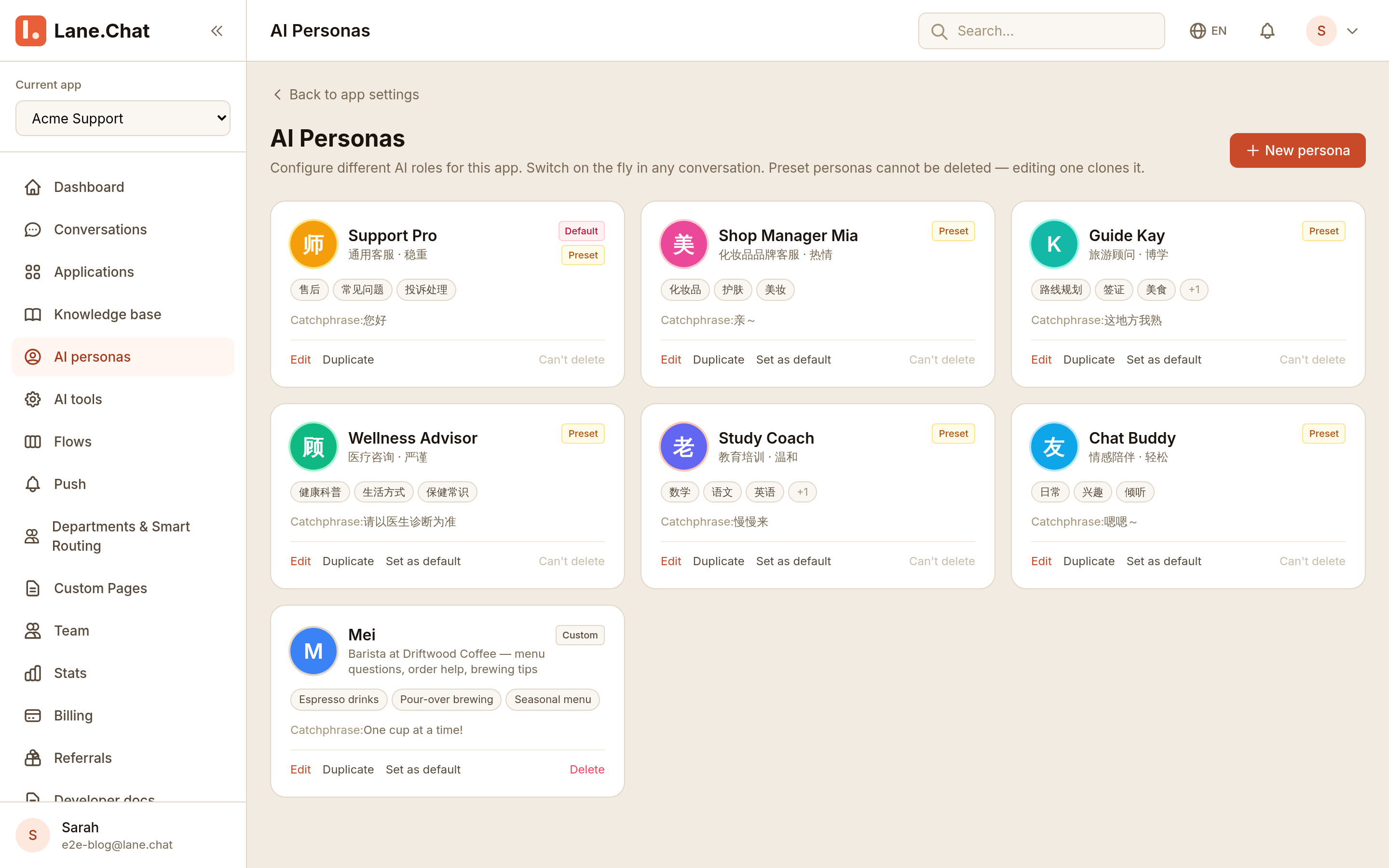 The personas list: six presets plus our finished Mei