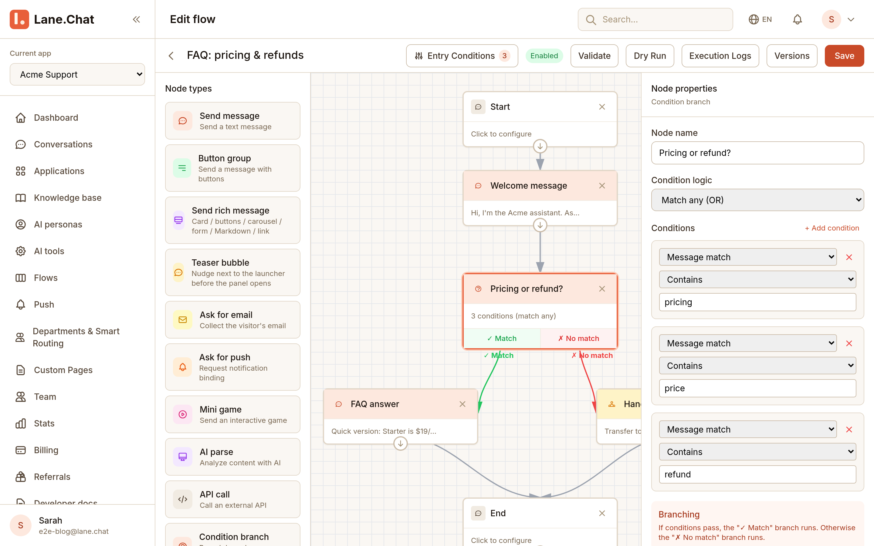 Step 4 — FAQ branches on the canvas