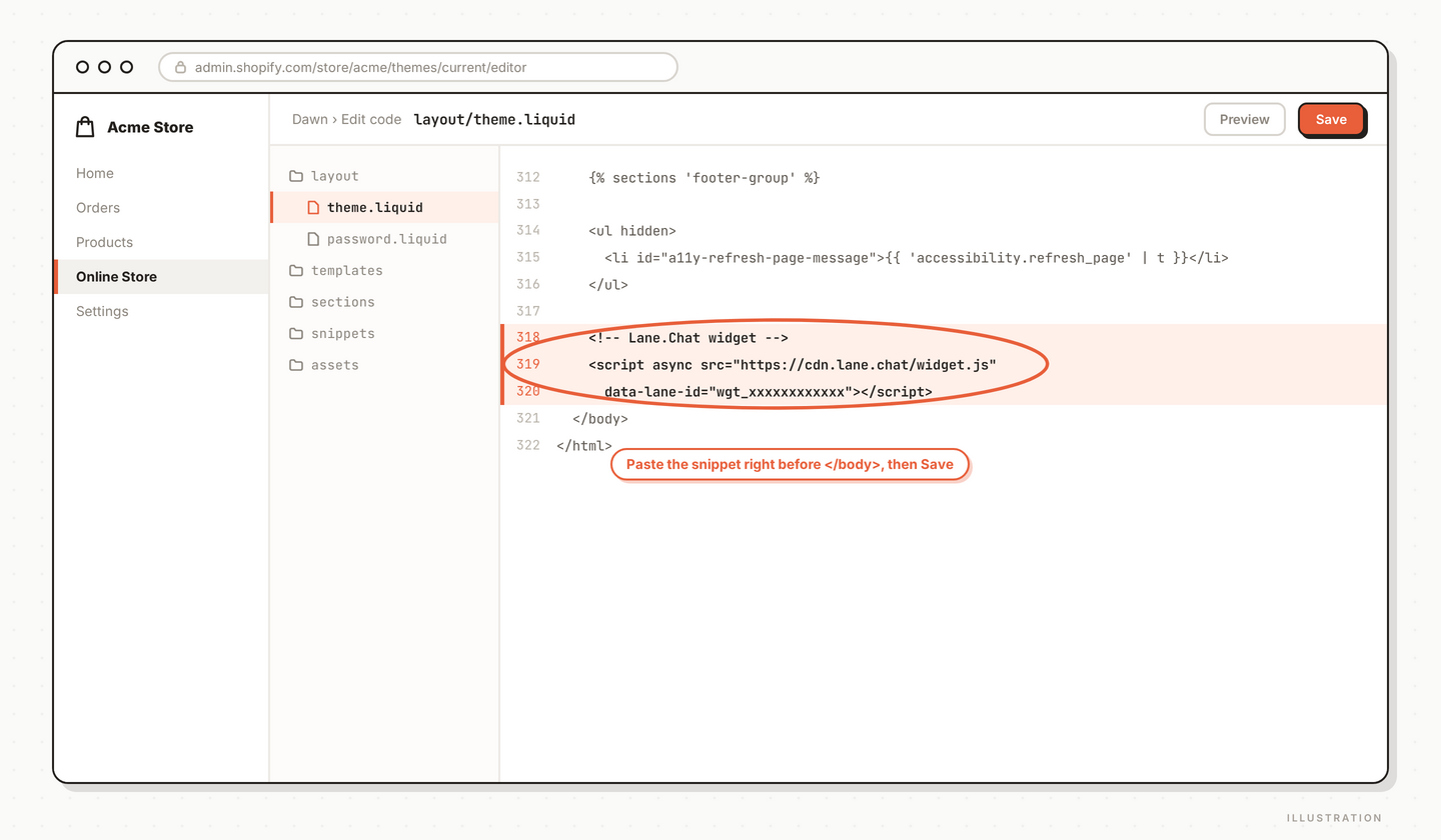 Step 2 — Shopify theme.liquid editor with paste target