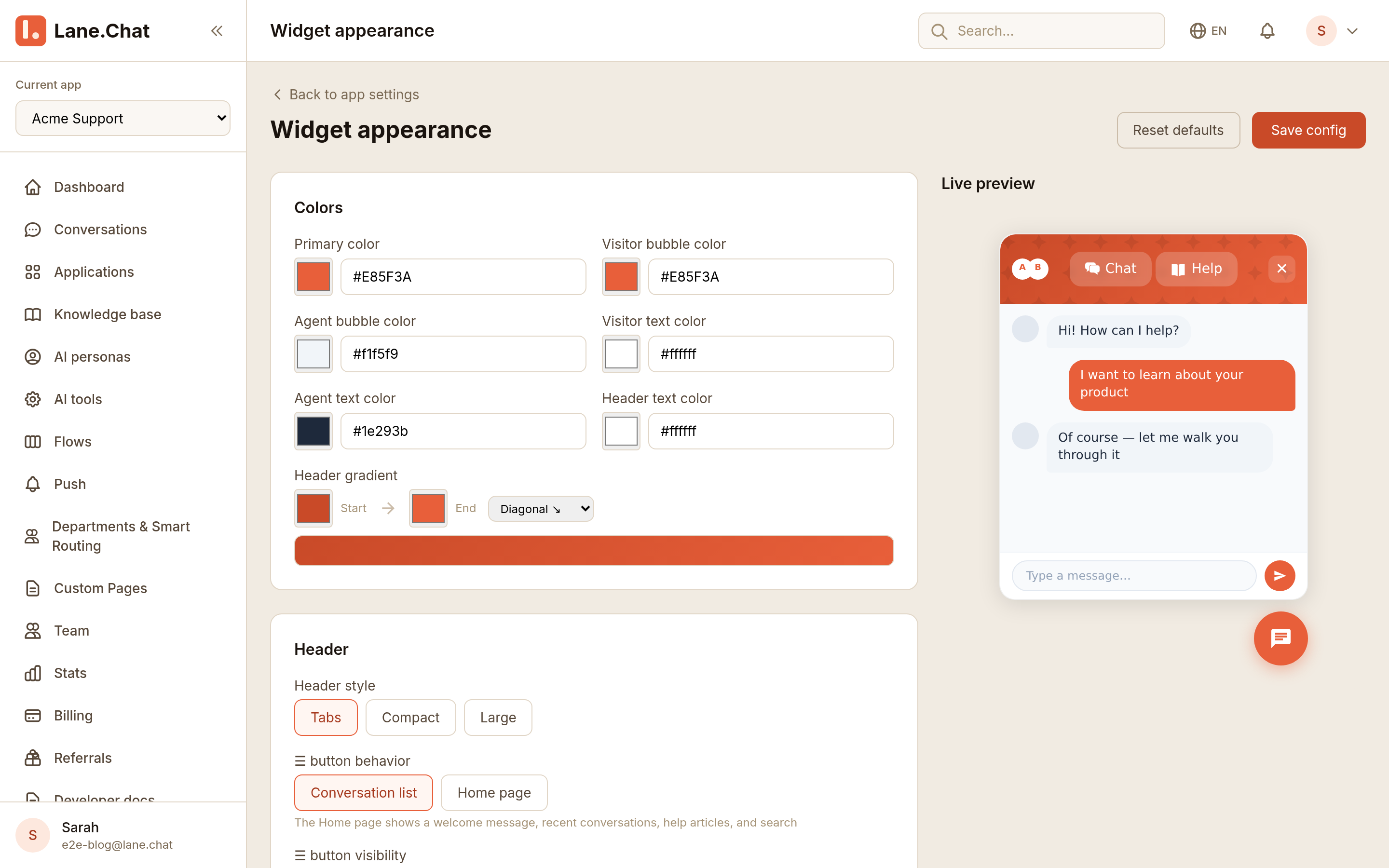 Step 3 — Widget appearance config panel