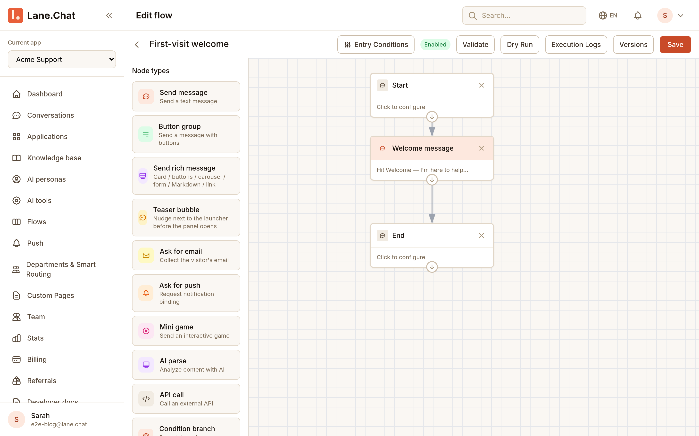 The First-visit welcome flow: three nodes, no drama