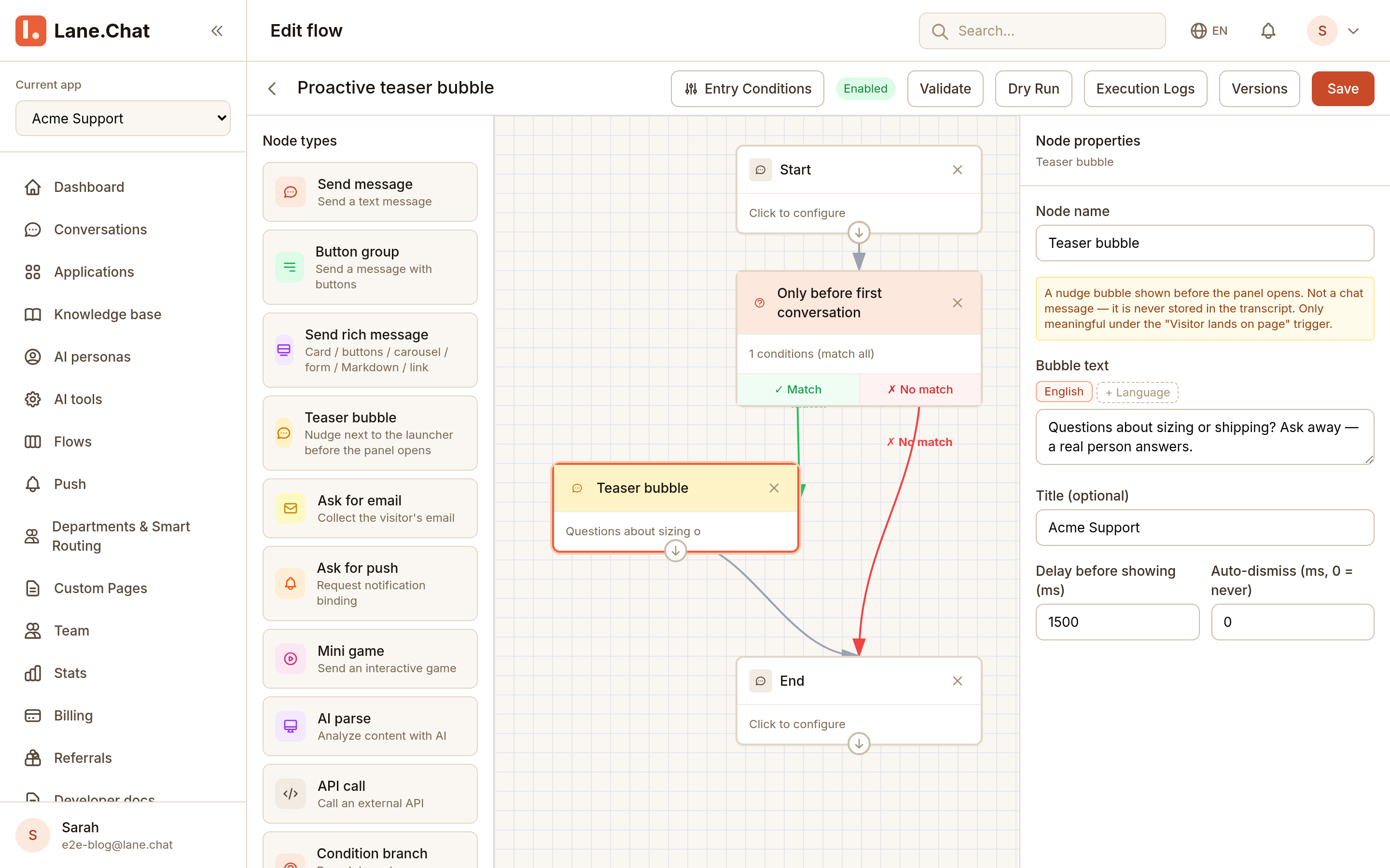 Teaser bubble node properties: text, title, delay, auto-dismiss