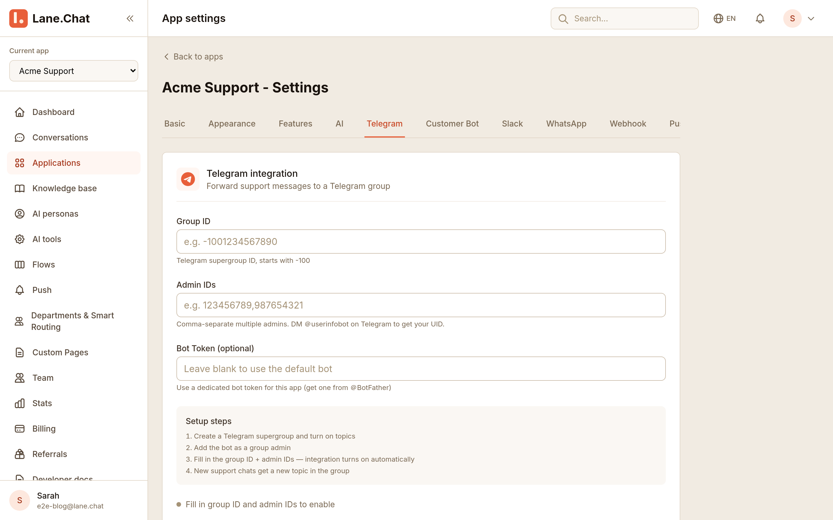 Step 1 — Add Telegram channel in the dashboard