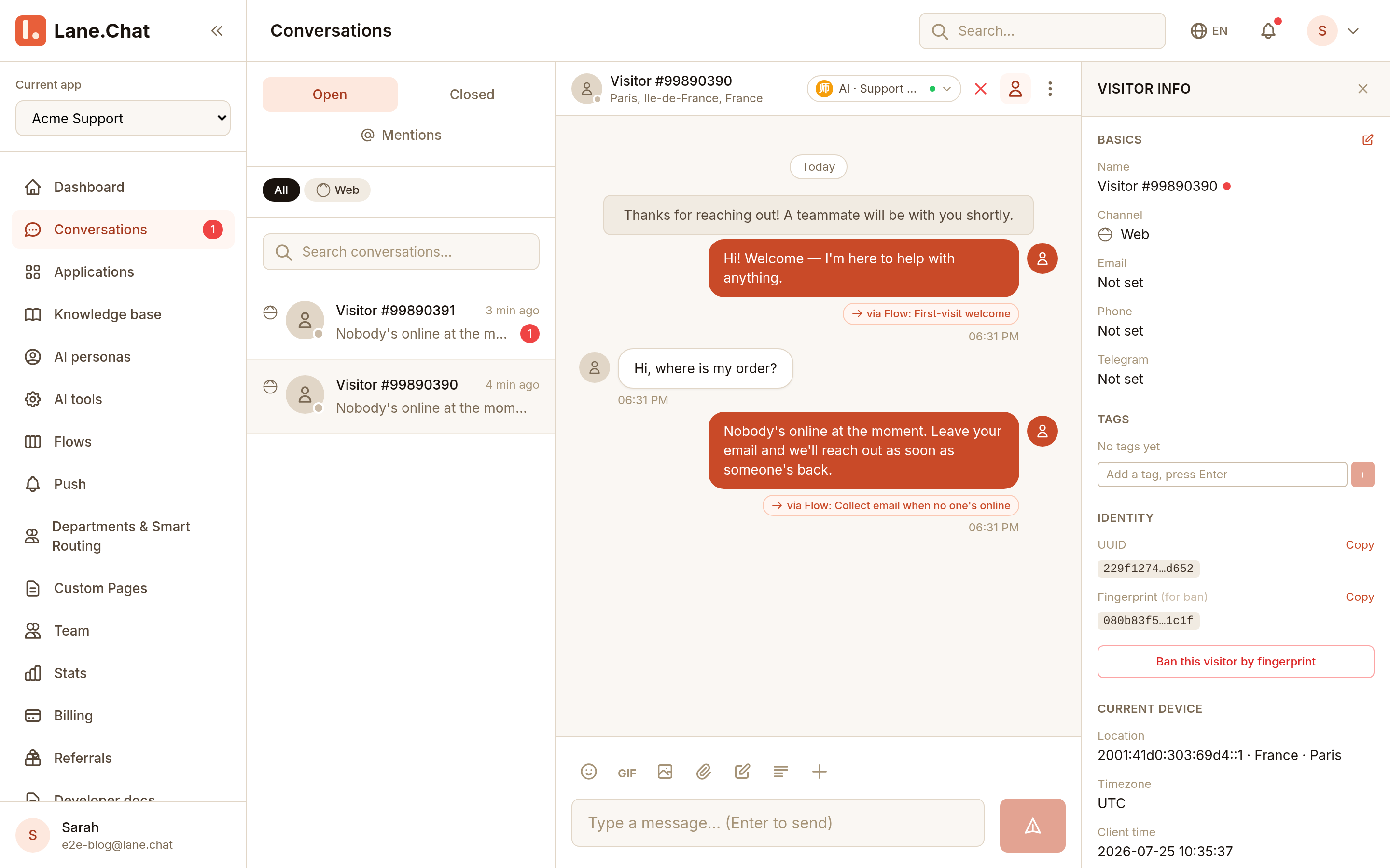 Step 6 — Test message received in dashboard