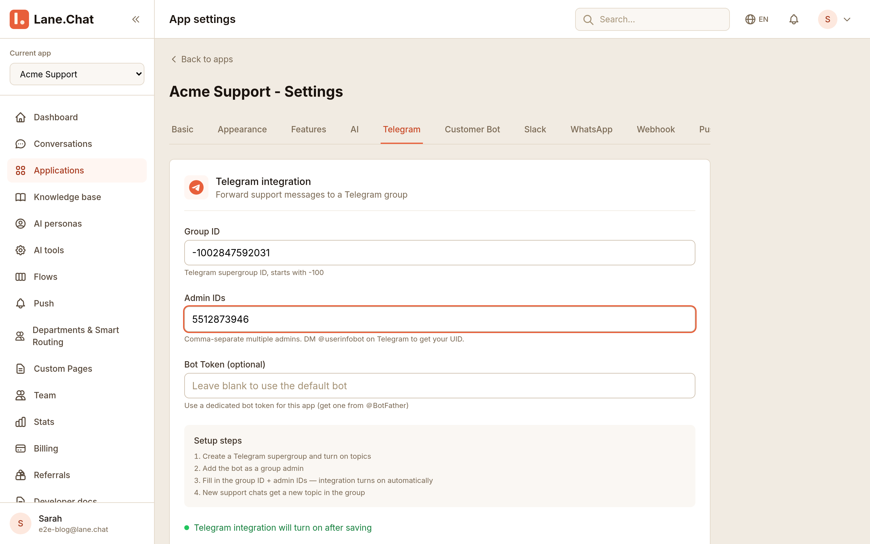 The Telegram tab: Group ID, Admin IDs, optional bot token, and the setup steps