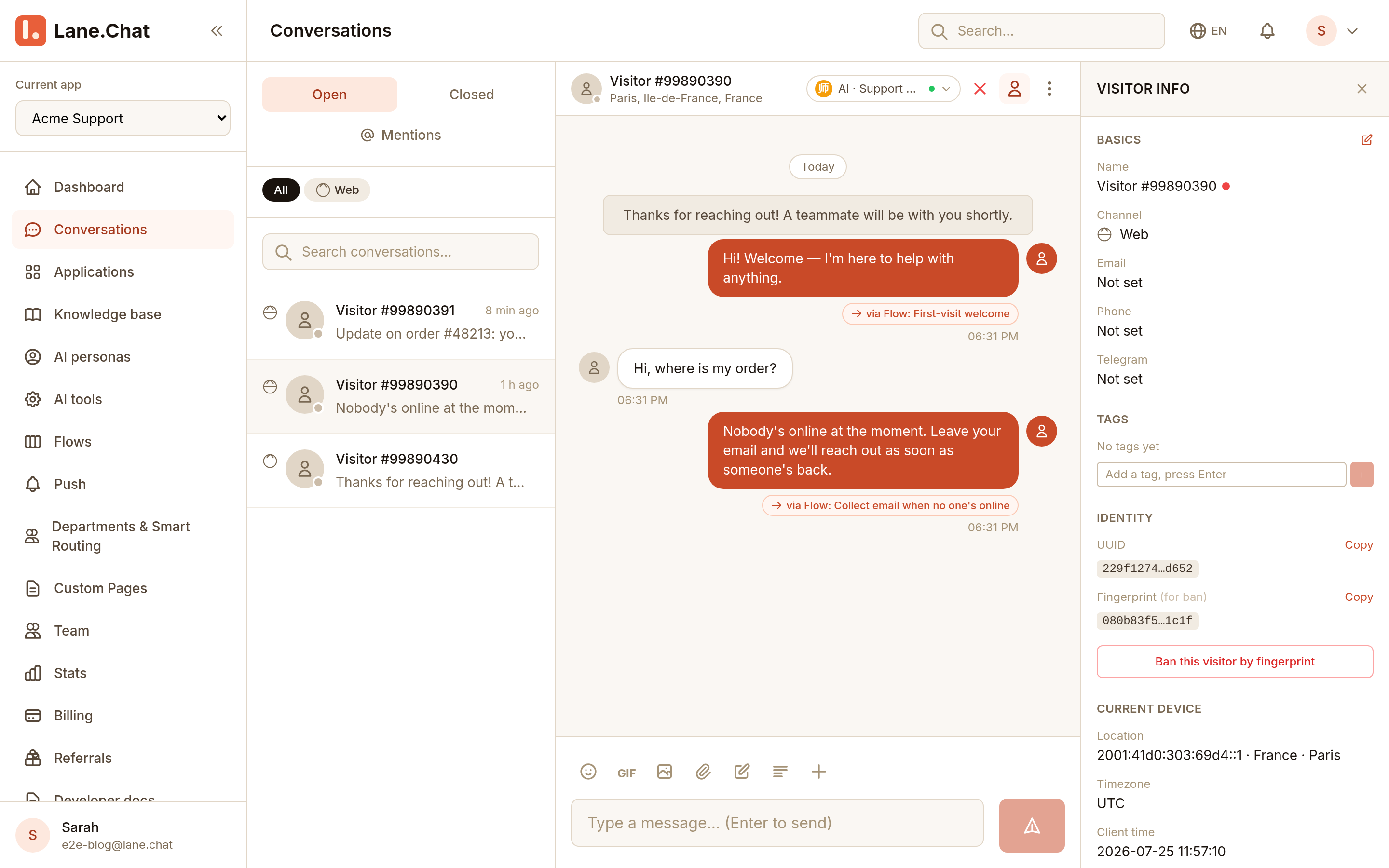 The same conversation in the dashboard workbench